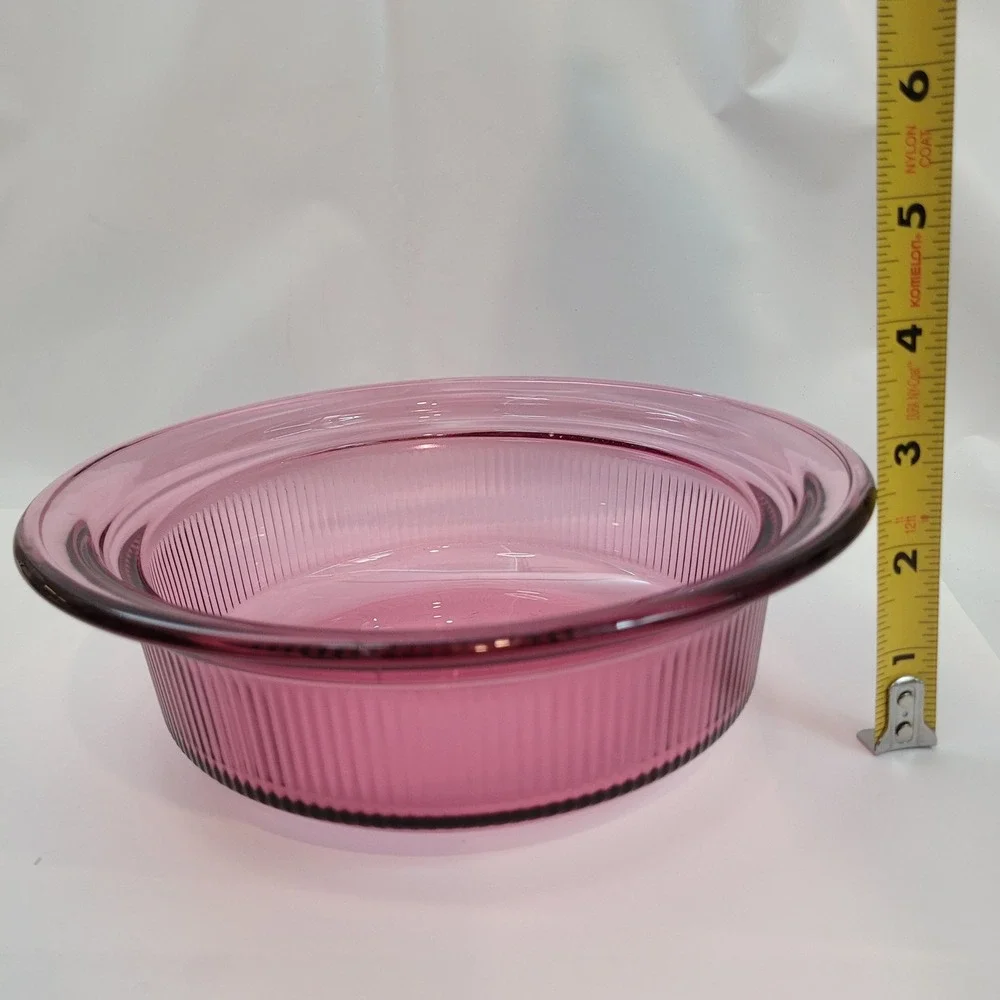 Lot of 2 Corning Vision Casserole Dish V-30-B Cranberry Glass 24oz Ribbed Round